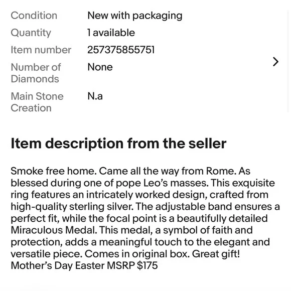 Sterling Silver 925 Ring Religious Miraculous Medal Made In Italy Adjustable NEW - Picture 10 of 10